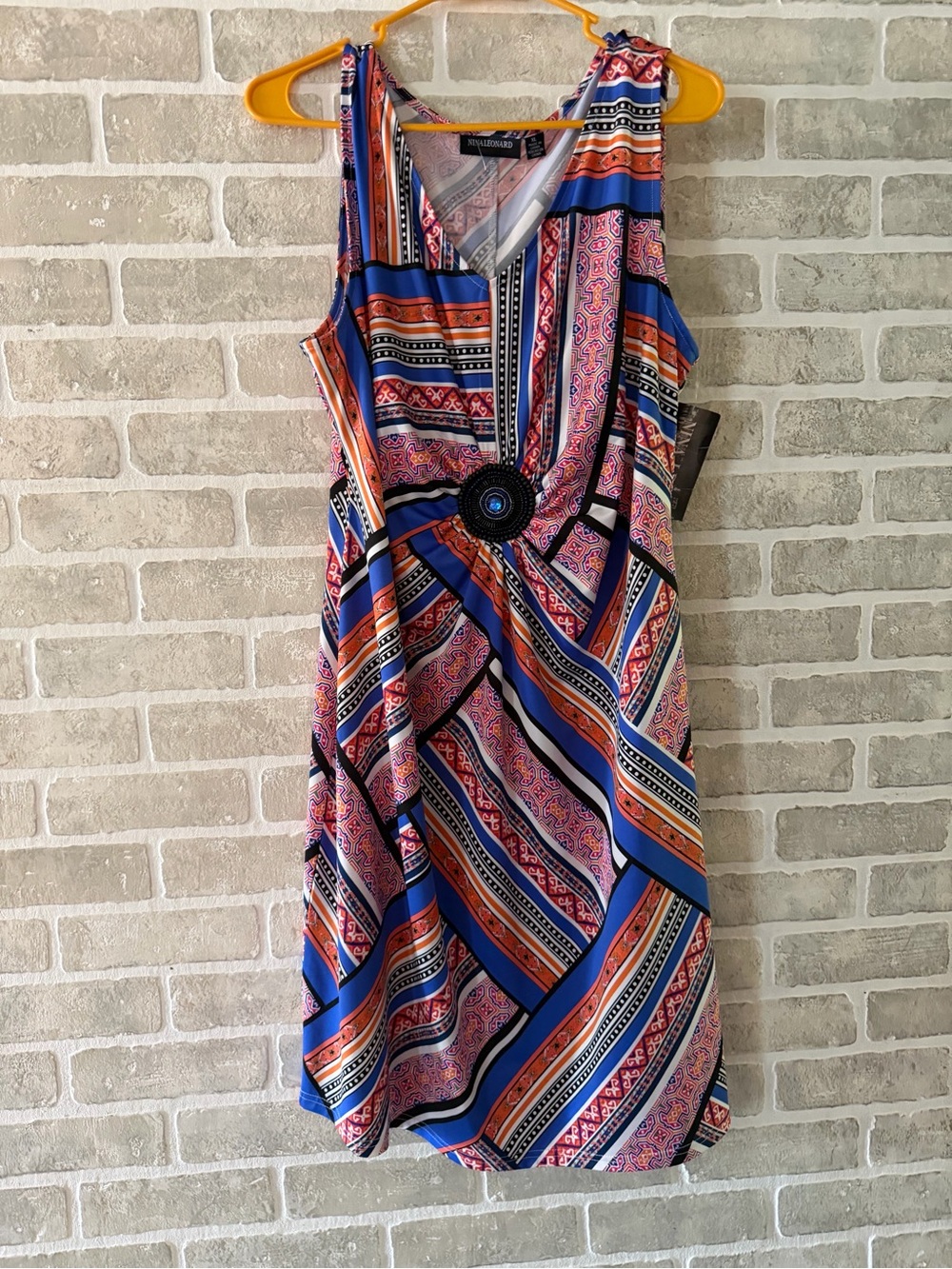 Nina Leonard Sleeveless Midi Dress in Blue, Orange, Pink and Black